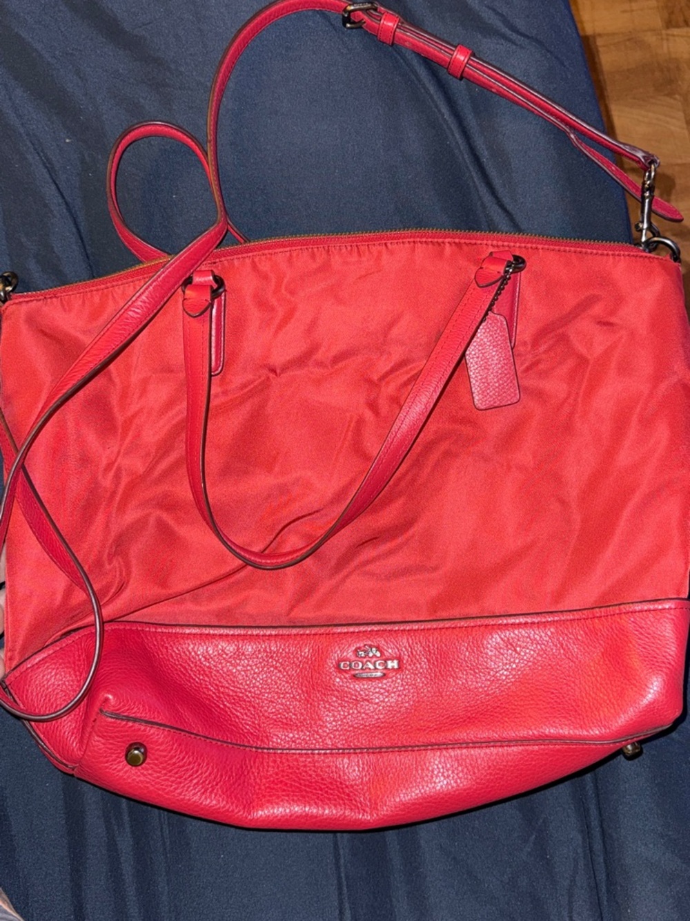Coach Red Nylon & Leather Tote with Shoulder Strap